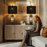 Modern Table Lamp Set of 2, Nightstand Lamps with Black Grid Shade, Bedside Lamps with USB A+C Charging Ports, Decorative Table Lamp, Square Base, Desk Lamps for Living Room, Bedroom, 2 Bulbs Included