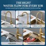 STiLWERK Waterfall Kitchen Faucet with Pull-Down Sprayer, 3 Flow Modes (Sweep/Stream/Waterfall), 360° Swivel, Stainless Steel Sink Faucet for Farmhouse, Camper, Bar, Laundry, Rv, Brushed Gold