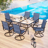 MFSTUDIO Outdoor Dining Set for 6, Wood-Grain Table w/Swivel Chairs, Blue