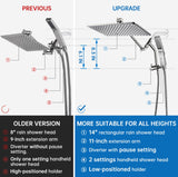 G-Promise All Metal 14 Inches Rain Shower Head with Handheld Built-in Power Wash Mode, 3-way Diverter with Pause Setting, 11 Inches Adjustable Extension Arm, Long Hose (Brushed Nickel, 14 Inches)