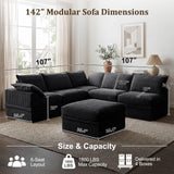 NABUMI 142" Modular Sectional Sofa with Storage, Oversized L-Shaped Boneless Couch with Ottoman, 27" Deep Seat Memory Foam Corduroy 6-Seater Cloud Couches for Living Room, Tool-Free Assembly, Black