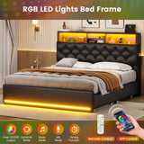 BTHFST LED Bed Frame Full Size with Charging Station & 4 Drawers, Full Size Bed Frame with Headboard Storage, Upholstered Metal Bed Full, No Box Spring Needed, Black PU