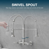 AIMADI Wall Mount Kitchen Faucets, 8-Inch Center Wall Mount Kitchen Sink Faucet with Pull-Down Sprayer,Modern Stainless Steel Design Double Lever Control