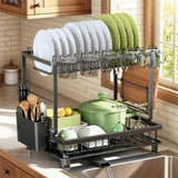 Nfnoyp Dish Drying Rack, 2 Tier Space-Saving Dish Rack, Multifunctional Dish Drainer for Kitchen Counter with Drainboard/Utensil/Cup Holder Rustproof Carbon Steel, Black