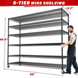 REIBII 82.6" H*60''W*17.7" D Steel Heavy Duty Wire Shelving with Wheels, 6-Tier Adjustable Storage Shelves 3598LBS Commercial Metal Shelves for Pantry, Garage, College Dorm School Industrial Shelving