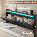 ADORNEVE Full Size Bed Frame with Storage Headboard & 4 Drawers, LED Bed Frame Full with Charging Station, Leather Upholstered Platform Bed Frame with Button Tufted, No Box Spring Needed, Black PU