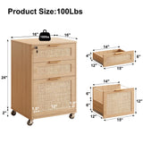 INNOD 3 Drawers Rattan Mobile File Cabinet with Lock, Rolling File Cabinet Printer Stand Table, Under Desk Wooden Filing Cabinets for Home Office Essentials Storage Organization Furniture Letters/A4