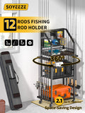 SOYEEZE Fishing Rod Holders for Garage, Fishing Pole Holders Up to 12 Rods with Pegboard and Hooks,Rolling Fishing Cart with Wheels, Fishing Gear Storage For Tackle Box & Reel Organization