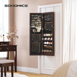 SONGMICS 6 LEDs Mirror Jewelry Cabinet, 47.2-Inch Tall Lockable Wall or Door Mounted Jewelry Armoire Organizer with Mirror, 2 Drawers, 3.9 x 14.6 x 47.2 Inches, Brown UJJC93K