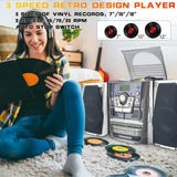 HONGUT Bluetooth Vinyl Stereo Record Player, 3-Speed Stereo Turntable CD Player Music System with Dual Cassette Deck, Digital Alarm Clock FM Radio Coded CD Tape with Remote Control
