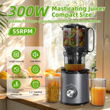 Budsom Cold Press Juicer Machine: 300W Slow Masticating Juicer for Whole Fruits & Vegetables, 5.3" Wide Feed Chute, High Juice Yield