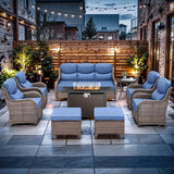 Luxury High Back Outdoor Furniture with 6-inch Extra Thick Cushions, Patio Furniture Set with Fire Pit Table & Swivel Chairs, 9 PCS Wicker Conversation Set for Yard, Deck, Poolside, Brown/Blue