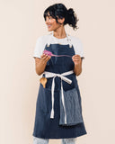 Caldo Linen Kitchen Apron for Cooking- Mens and Womens Linen Bib Apron for Professional Chef, Server, or Barista- Adjustable with Pockets (Navy)