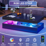 Nordivale 47” High-Glossy LED Coffee Table with 2 Sliding Drawers, Living Room Storage Coffee Tables, Modern Stylish Double-Layer Center Tables with LED Lights, Black