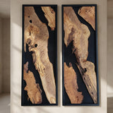 2 Piece Natural Olive Wood Wall Art Set - Live Edge Black Resin Diptych Decor & Handcrafted Modern Rustic Wood Panels, Nature-Inspired Luxury for Living Room - 14x30"