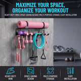 Heavy-Duty Wall Mounted Metal Gym Wall Storage Rack, Multi-Purpose Home Gym Organization & Gym Equipment Storage Organizer for Yoga Mat, Resistance Bands, Jump Ropes, Weight Belts – Space-Saving Garage Gym Storage with Removable Hooks