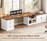 SEDETA Farmhouse L Shaped Desk with Drawers, 70.9" Home Office Desk with Storage Cabinet and Storage Shelves, L Shaped Computer Desk with Power Outlet，White+Brown