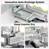 Ewaiira Dish Drying Rack, 304 Stainless Steel Dish Racks for Kitchen Counter, Dish Drainers with Automatic Drainage, Utensil Holder & Cups Holder, Space Saving Kitchen Organizer, Gray
