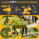 Electric Weed Wacker Cordless with Wheels,Electric Weed Eater Battery Powered,4 in 1 Grass Trimmer/Brush Cutter/Grass Edger/Small Lawn Mower,No String Trimmer with Metal Blade,2 Battery (Black Yellow)