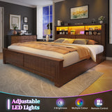 EnHomee King Size Bed Frame with 4 Storage Drawers and Headboard,LED Lights & Charging Ports,No Box Spring Needed for Big House,Noise-Free,Wooden,Brown