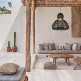 Modern 1-Light Matte Black Outdoor Coastal Boho 20 in. Scalloped Pendant Light for Patio with Wicker Rattan Shade