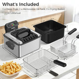 OSTBA Electric Deep Fryer with 3 Baskets, 1700W Stainless Steel Oil Fryer, 4.75QT Countertop Fryer with Adjustable Temperature, Viewing Window, Odor Filter & Removable Oil Container
