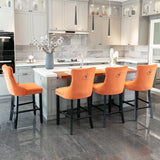 MOOLSUN Set of 6 Blue Velvet Bar Stools - Classic Fixed Height Design with Button Tufted Seat, Solid Wood Frame & Chrome Nailheads, Perfect for Standard Kitchen Island & Home Bar,Orange(Wood Leg)