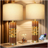 KIVDITZO 27.5" Rustic Living Room Table Lamps Set of 2 with Night Light, Leather Table Lamps with USB A+C Ports for Bedroom, Bedside Lamp with Linen Shade for Office Bedroom Nightstand(Bulb Included)