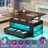 Itaar Lift Top Coffee Table, 4 in 1 Coffee Tables with Storage and Hidden Compartment, Farmhouse Coffee Table with 2 Fabric Drawers & LED Light for Living Room, Black