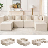 MONVANE 130'' Modular Sectional Cloud Couch for Living Room, 6 Seater Convertible Chenille Couches Set with Ottoman & Pillow, No Assembly Compression Sofas, Comfy Floor Sofa with Memory Foam, Beige