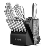 Knife Set, Emojoy 15 Pieces Kitchen Knife Block Set with Built-in Sharpener, High Carbon Stainless Steel Sharp Knife Block Set with Hollow Handle