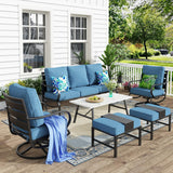 MFSTUDIO 6 Piece Metal Patio Furniture Set with Denim Blue Cushion