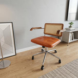 Height-Adjustable Office Chair with Wheels, Wood Armrest & Walnut Back