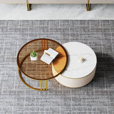 homary Round Nesting Coffee Table, 28”-32” Rotating Coffee Tables with Heat-Resistant Sintered Stone & Tempered Glass Top, Gold Frame for Modern Living Room (Glossy Ivory)