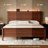 Uteeran Queen Size Bed Frame with Tall Headboard, Mid Century Modern Wood Platform Bed with Charging Ports and LED Lights, Solid Wood Slat Support, No Box Spring Needed, Easy Assembly, Warm Brown