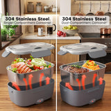 Sitlais Electric Lunch Box for Adults - 80W Fast Heating Portable Food Warmer with 2 of 1.5L 304 Stainless Steel Containers 12V/24V/110V Heated Lunch Box for Men Car Truck Office Travel Leak-Proof