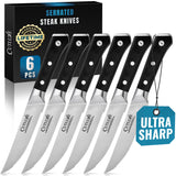 Steak Knives Set of 6, Serrated Steak Knives – Forged High Carbon German Steel, Full Tang, Ergonomic Handle Design – Artisan Series