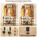 Furologee Clothes Racks for Hanging Clothes, Portable Rolling Garment Rack, Sturdy Metal Freestanding Cloths Racks with Wheels, Double Rods Wardrobe Rack for Bedroom Laundry Living Room