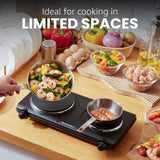 Countertop Double Cast Iron Burner, 1500 Watts Electric Hot Plate, Temperature Controls, Power Indicator Lights, Easy to Clean, Black Elite Gourmet