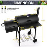 Joyfair Charcoal Grill with Offset Smoker, Camping Barbecue Grill with Side Fire Box for Outdoor BBQ Smoking/Backyard Party Grilling, Thick Iron Steel & Dual Chamber Design, Thermometer & Chimney