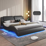 DICTAC Queen Bed Frame with Led Lights and Charging Ports Modern Upholstered Queen Size Platform Bed with Headboard Faux Leather Wave Like Curve Low Profile Platform Bed Frame,Wood Slats Support,Black