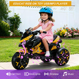 12V Electric Kids Motorcycle for 3-8 Year Old Boys Girls, 3-Wheel Ride-On Toy Motorbike with Lighting Wheels, Music Player (Connect with Phone) and Hand Drive (Yellow)