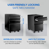 3-Drawer Mobile File Cabinet for Home Office - Under Desk Storage, Locking Keys,