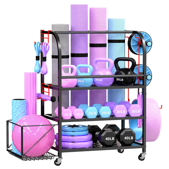 Dumbbell Rack, Weight Rack for Home Gym, 400LBS Metal Home Gym Storage with Lockable Wheels & 4 Adjustable Hooks, Weight Stand for Yoga Mat Storage, Dumbbells, Kettlebell, Foam Roller, Resistance Bands (Black) RM FOLD ART