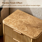 Lerivos Modern Fluted Nightstand Set of 2 with 3 Drawers, 22.8" Wide Wooden Bedside Table in Natural Oak, Faux Marble Top, Metal Handle, Curved Silhouette Design for Bedroom, Living Room, Office