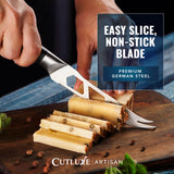 Cutluxe Cheese Knife – 5" Cheese Knife Slicer for Soft and Hard Cheese – Pronged, Serrated & Non Stick Blade – High Carbon German Steel – Artisan Series