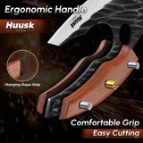 Huusk Japan Ulu Knife with Sheath - Christmas Gift for Men and Women - Hand Forged Caveman Ultimo Knife with Full Tang Wooden Handle - BBQ Knives for Vegetables, Fruit, Pizza - Gifts for Mom
