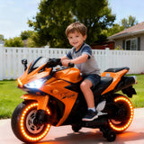 Electric Ride-On Motorcycle for Kids with 12V Motor, Training Wheels, Manual Throttle, Light Up Wheels, Music Player & Headlights - Ages 3-6 (Orange + Plastic + 50-99 Lbs)