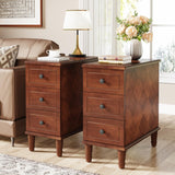 Tribesigns Solid Wood End Table Set of 2, Fully Assembled Narrow Side Table with Drawers, Pre-Assembled Nightstand Slim Bedside Table for Small Spaces, Living Room, Bedroom, Brown