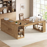 Executive Desk, Large Office Desk with Drawers & Power Outlets, L Shaped Computer Desk with Storage Shelves